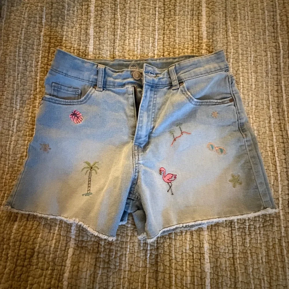 Girls Light Wash Embroidered Denim Shorts Flamingo Palm Tree Size 12